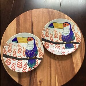 Pier 1 Stoneware TROPICAL BIRD SALAD PLATES (2) Toucans Like  NEW